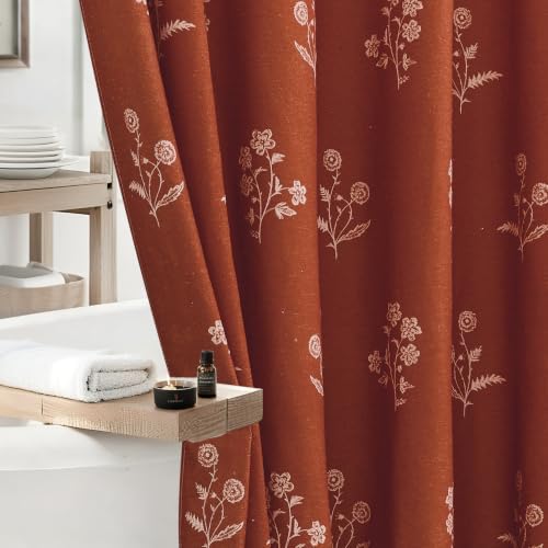ORTIGIA Linen Shower Curtain Terracotta Farmhouse Vintage Floral Shower Curtains Burnt Orange Boho Rustic Curtains Block Print Cottagecore Decor for Bathroom 72 W x 72 L