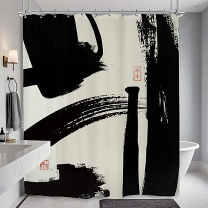 Abstract Black White Shower Curtain 60Wx72L Inch Brushstroke Modern Minimalist Contemporary Geometric Artwork Line Bathroom Set Accessories Decor with 12 Pack Hooks