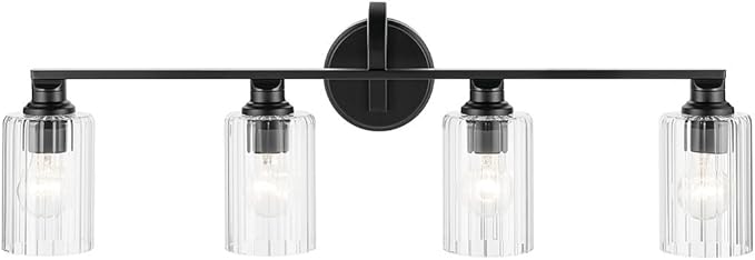 Kichler Gioe 32.25" 4-Light Vanity Light with Clear Fluted Glass in Black, Damp Rated, for Bathroom,Powder Room, Over a Mirror, (32.25" W x 10.5" H), 55227BKFLU