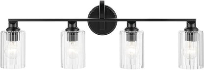 Kichler Gioe 32.25" 4-Light Vanity Light with Clear Fluted Glass in Black, Damp Rated, for Bathroom,Powder Room, Over a Mirror, (32.25" W x 10.5" H), 55227BKFLU
