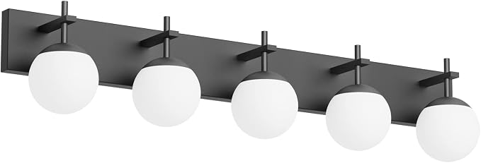 Ralbay Mid Century Modern Vanity Light 5-Light Matte Black Bathroom Wall Lighting Fitures Black Milky Glass Globe Vanity Light for Bathroom (Exclude Bulb)