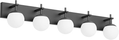 Ralbay Mid Century Modern Vanity Light 5-Light Matte Black Bathroom Wall Lighting Fitures Black Milky Glass Globe Vanity Light for Bathroom (Exclude Bulb)