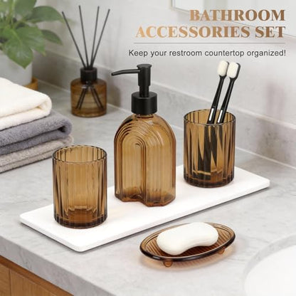 Bathroom Accessories Set, 4Pcs Glass Bathroom Accessories Set Complete, 11.6OZ Lotion Soap Dispenser, Toothbrush Holder, Mouthwash Cup, Soap Dish for Bathroom Decor, Countertop Organizer (Amber)
