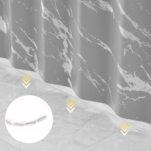 Gray Marble Shower Curtain Set with Silver Metal Hooks, Fabric Shower Curtain for Bathroom, Modern Luxury Bathroom Curtain, Water-Resistant Polyester Bath Curtain, 72 x 72 Inches