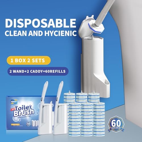 Hohoky Disposable Toilet Brush Cleaning System, Two Sets of Wands and 60p Refills Pads Replacement Heads, Wall Mounted Toliet Stick Starter Kit Bathroom Maintenance, Toilet Bowl Cleaner Holder