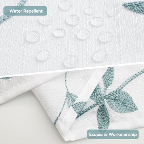 Embroidered Leaf Farmhouse Shower Curtain,Faux Linen,72Wx72L,White Teal