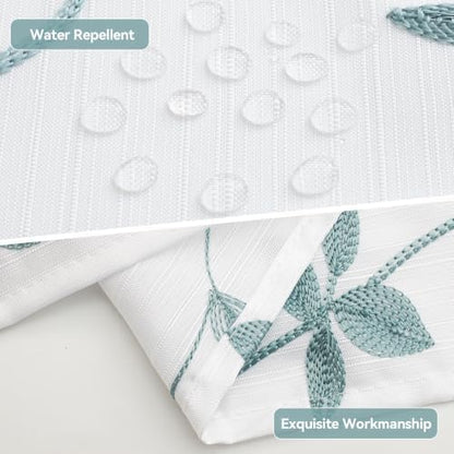 Embroidered Leaf Farmhouse Shower Curtain,Faux Linen,72Wx72L,White Teal