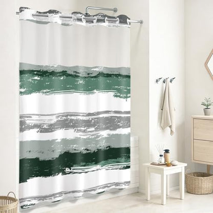 No Hook Shower Curtain with Liner, Dark Green Stripe, 71x74 Inch