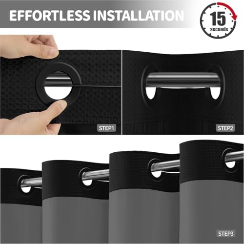 Dynamene Black Hook Free Waffle Shower Curtain & Snap-in Fabric Liner,72x83