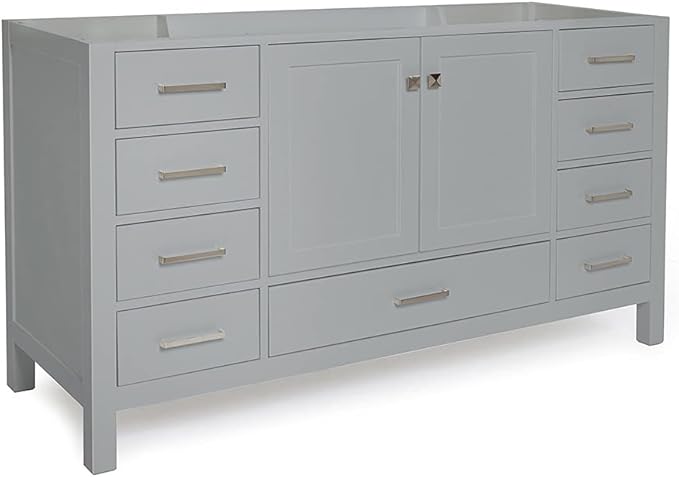 ARIEL Cambridge 60-inch Bathroom Vanity Base Cabinet,Solid Wood, 2 Soft Closing Doors, 9 Dovetail Drawers, Grey