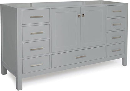 ARIEL Cambridge 60-inch Bathroom Vanity Base Cabinet,Solid Wood, 2 Soft Closing Doors, 9 Dovetail Drawers, Grey