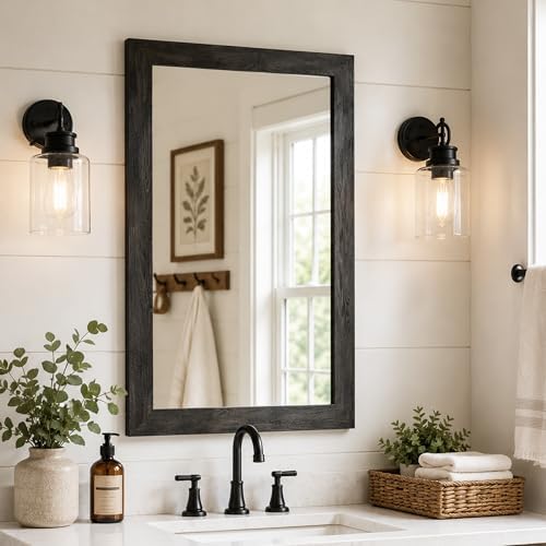 Black 24x36 Inch Wood-Grain Rectangular Wall Mirror