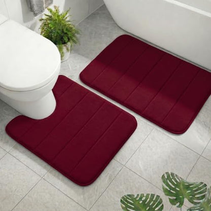 2 Piece Memory Foam Bath Mat Set, Extra Soft Absorbent Bathroom Rugs with U-Shaped Toilet Rug, Non-Slip Backing, Machine Washable, 24x16 + 20x20 U-Shaped, Burgundy