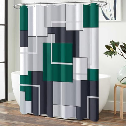 BTTN Emerald Green Modern Geometric Waterproof Shower Curtain Set, 72 x 72