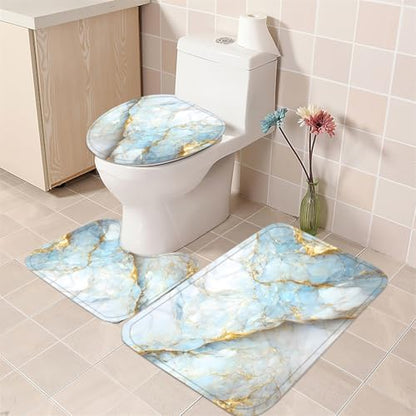 Nkzply 4 Pcs Blue Marble Shower Curtain Set White Bathroom Sets with Shower Curtain and Rugs Gold Modern Abstract Bathroom Decor Accessories Bathroom Rugs Toilet Lid Cover with Hooks