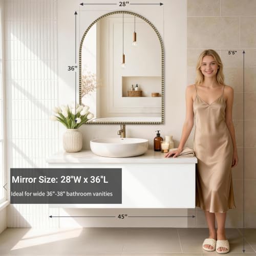 Arched Beaded Mirror, 28"x36" Champagne Bronze Mirror for Bathroom
