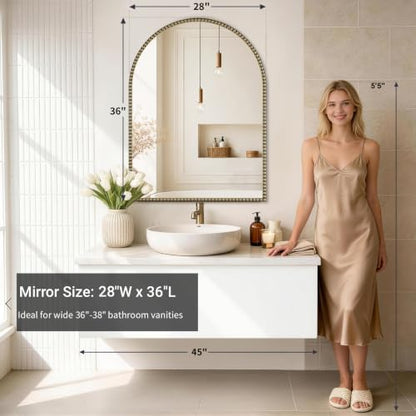 Arched Beaded Mirror, 28"x36" Champagne Bronze Mirror for Bathroom