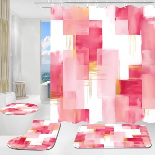 Yddsky 4 Pcs Pink Geometric Shower Curtain Set with Rugs Bathroom Set