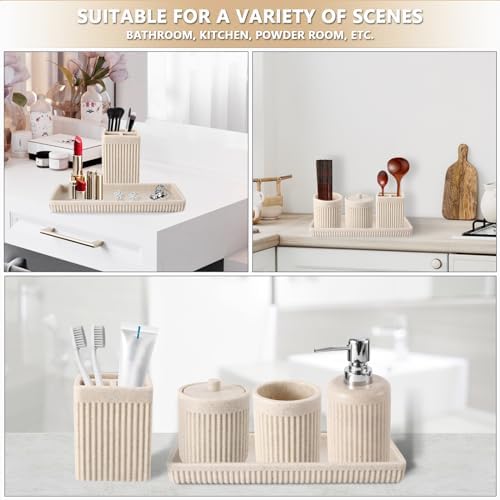 XLHOMO Resin Beige Bathroom Accessories Set 5 Pcs, Lotion Soap Dispenser, Toothbrush Holder, Bathroom Tumbler, Qtip Holder and Vanity Tray, Bathroom Countertop Organizer Set for Modern Home Apartment