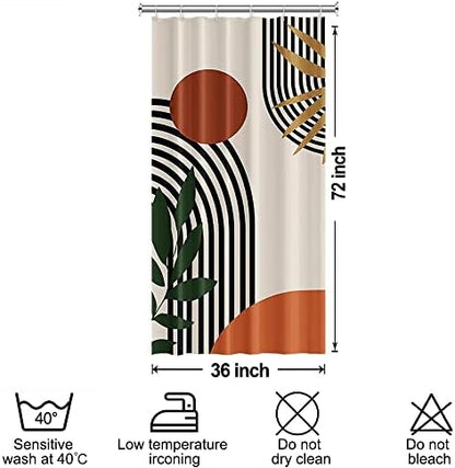 Stall Shower Curtain, Ruelvth Mid Century Boho Abstract Minimalist Sunrise Shower Curtain Set Orange Waterproof Polyester Morden Abstract Leaves and Arch Fabric Bathroom Curtain with Hooks, 36x72 Inch