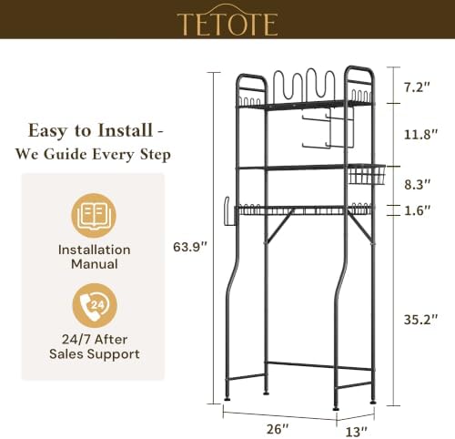 TETOTE Over The Toilet Storage Rack, 3-Tier Bathroom Organizer Shelf Over Toilet with Toilet Paper Roll Holder, Freestanding Metal Rack, Black