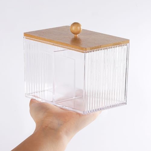 Qtip Holder with Bamboo Lids, 3 Compartments Cotton Ball/Swabs Dispenser, Apothecary Jar Clear Plastic Bathroom Container for Storage and Organizer