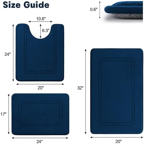 YIHOUSE Memory Foam Bath Mat Set, Non Slip Bath Mats, Super Soft and Water Absorbent, Machine Washable U Shape Toilet Mats, Dark Blue