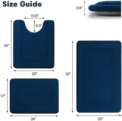 YIHOUSE Memory Foam Bath Mat Set, Non Slip Bath Mats, Super Soft and Water Absorbent, Machine Washable U Shape Toilet Mats, Dark Blue