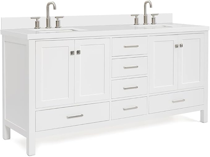 ARIEL Cambridge 72-inch Bathroom Vanity with Sink,Solid Wood, 1.5-inch Pure White Quartz Countertop & Backsplash, Double Rectangular Porcelain Sink, 4 Soft Closing Doors, 6 Dovetail Drawers, White