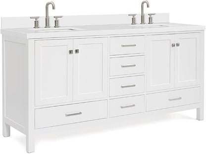 ARIEL Cambridge 72-inch Bathroom Vanity with Sink,Solid Wood, 1.5-inch Pure White Quartz Countertop & Backsplash, Double Rectangular Porcelain Sink, 4 Soft Closing Doors, 6 Dovetail Drawers, White