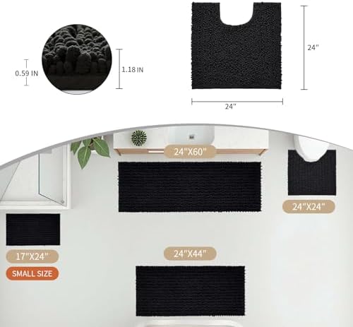 Disolla Toilet Rug 24x24 Inch - Black U-Shaped Bathroom Floor Mat, Soft Shaggy Plush Absorbent Chenille Contour Rug, Non-Slip Washable Pedestal Base Rug