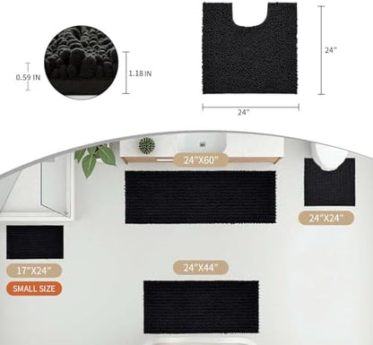 Disolla Toilet Rug 24x24 Inch - Black U-Shaped Bathroom Floor Mat, Soft Shaggy Plush Absorbent Chenille Contour Rug, Non-Slip Washable Pedestal Base Rug