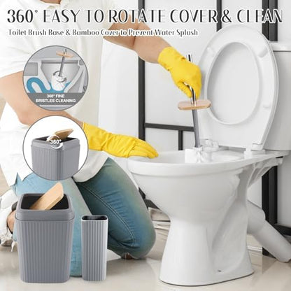 Grey Bathroom Accessories Set 17PCS Bathroom Set with Trash Can 3PCS Lotion Soap Dispenser, Toothbrush Holder, Soap Dish,Tumbler Cup,6PCS Wood Tags Bath Accessories with Tray for Bathroom
