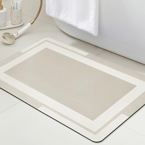 ACCUMTEK Non Slip Bath Mat, Thin Bathroom Rugs Fit Under Door, Quick Dry Bath Mats, Machine Washable Bath Rugs for Bathroom, Bathtub & Kitchen, Bathtub, Light Beige/Bordered/32 x20