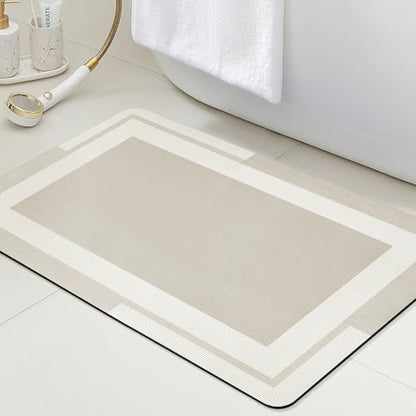 ACCUMTEK Non Slip Bath Mat, Thin Bathroom Rugs Fit Under Door, Quick Dry Bath Mats, Machine Washable Bath Rugs for Bathroom, Bathtub & Kitchen, Bathtub, Light Beige/Bordered/32 x20