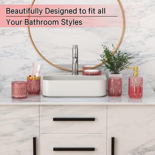 New Pink Glass Bathroom Accessories Set 5 Pcs, Pink Bathroom Set, Soap Dispenser and Toothbrush Holder Set, Qtip Holder Set, Vintage Bathroom Sink Set, Cute Bathroom Decor