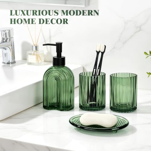 Bathroom Accessories Set, 4Pcs Glass Bathroom Accessories Set Complete, 11.6OZ Lotion Soap Dispenser, Toothbrush Holder, Mouthwash Cup, Soap Dish for Bathroom Decor, Countertop Organizer (Green)