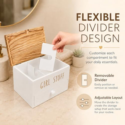Tampon Holder for Bathroom, Girl Stuff Box for Bathroom with Lid and Drawer