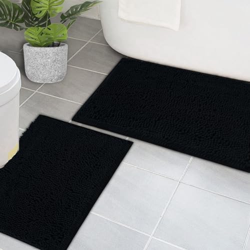 Bathroom Rugs Chenille Bath mat 2 Piece Set, Super Absorbent, PVC Non Slip Backing, Bath mats for Bathroom, Plush Shaggy, Thick, Machine Washable, Bathtub, Shower, Toilet.(Black)