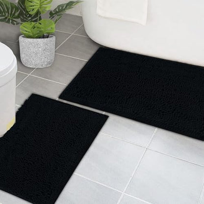 Bathroom Rugs Chenille Bath mat 2 Piece Set, Super Absorbent, PVC Non Slip Backing, Bath mats for Bathroom, Plush Shaggy, Thick, Machine Washable, Bathtub, Shower, Toilet.(Black)