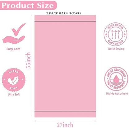 2-Pack Microfiber Bath Towels (27x54 Inches) - Ultra Soft & Quick Dry, 3X Absorbency, Lightweight for Gym, Yoga, Travel & Spa - Perfect for Home, Fitness & Post-Workout
