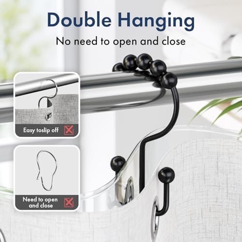 Bathway Shower Curtain Hooks Matte Black Shower Curtain Rings, 12 Pcs Double Hook Shower Curtain Hooks Rings Shower Curtain Hangers Rust Proof, Metal Shower Hooks for Bathroom Shower Curtain Rod