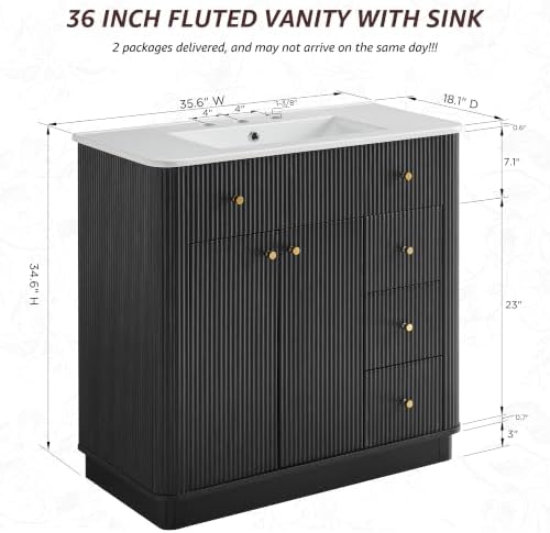 T4TREAM 36" Fluted Bathroom Vanity with Single Sink, Black Oak