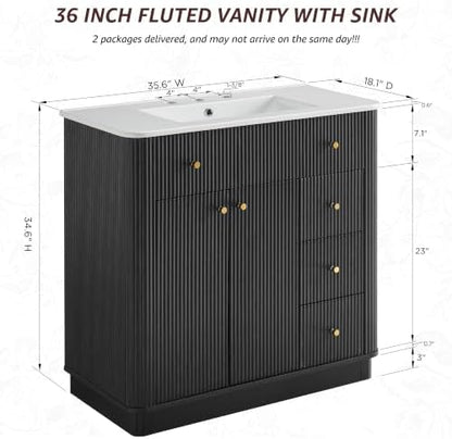 T4TREAM 36" Fluted Bathroom Vanity with Single Sink, Black Oak
