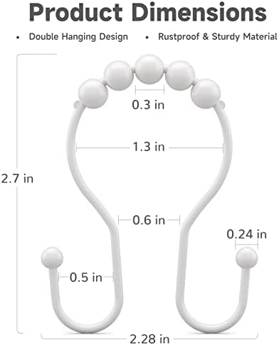 Bathway White Shower Curtain Hooks and Rings - Rust Proof, Smooth Glide, Double Hooks, 12 Pcs