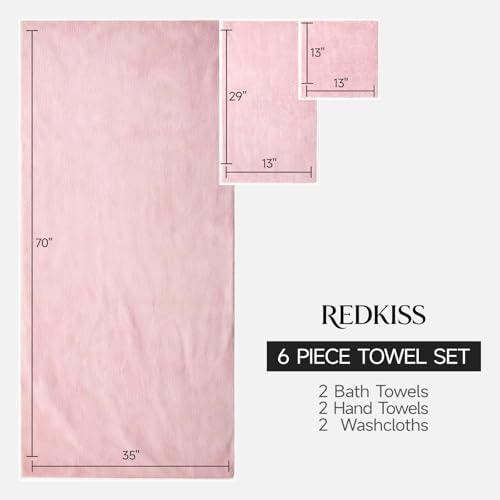 REDKISS Pack of 6 Pink Towel Set - 2 Extra Large Bath, 2 Hand, 2 Washcloths, Ultra Soft & Highly Absorbent, Quicker to Dry, Towels for Bathroom, Spa, Hotel, Gym