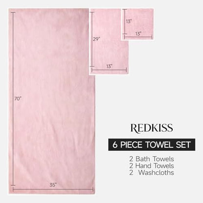 REDKISS Pack of 6 Pink Towel Set - 2 Extra Large Bath, 2 Hand, 2 Washcloths, Ultra Soft & Highly Absorbent, Quicker to Dry, Towels for Bathroom, Spa, Hotel, Gym