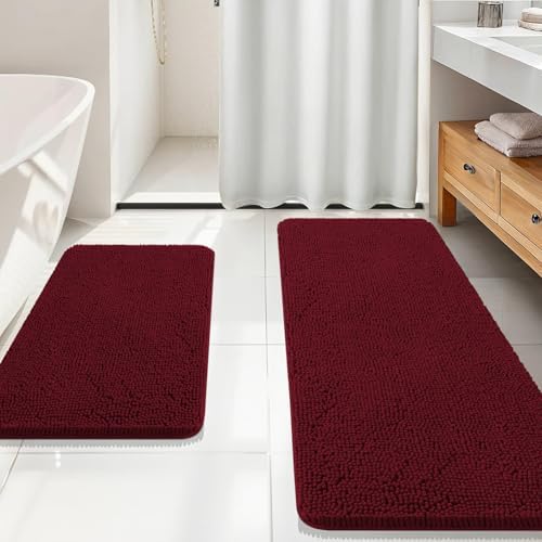 OLANLY Chenille Bathroom Rugs Mats Sets 2 Piece, 59"x20"+30"x20", Burgundy