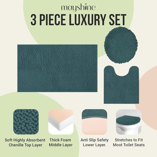 Standard 3pc Set Chenille Bath Mats, Includes 21"x24" U-Shaped Contour Toilet Rug, 21"x34" Inches Bathmat and 1 Toilet Lid Cover, Plush Absorbent Bath Mats Quick Dry, Teal
