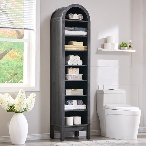 IFBUY 71" Tall Arched Bathroom Storage Cabinet, 8-Tier Modern Farmhouse Storage Cabinet with Adjustable Shelves, Wood Freestanding Cabinet for Bathroom, Living Room, Entryway, Hallway (Dark Grey)